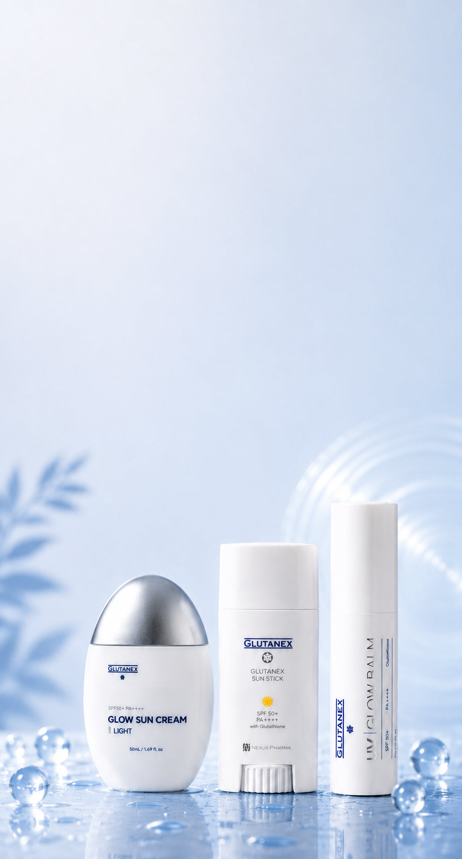 Glutanex Glow Sun Cream Light, sun stick and sunscreen tube on a reflective icy blue surface with water droplets.